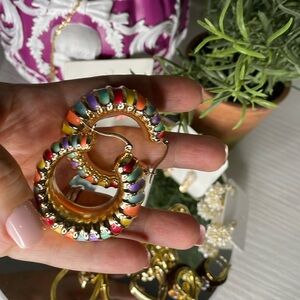 Colorful Enamel Gold Tone Hoop Earrings Chunky Retro Rainbow Statement Hoops NWT